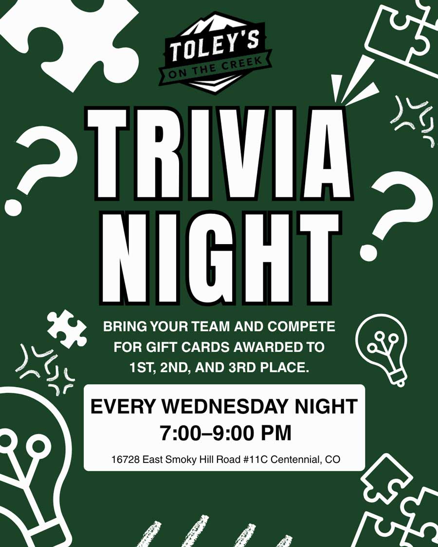 Trivia night wednesdays at Toley's on Creek